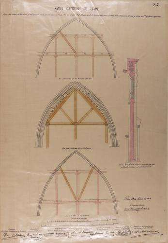 Detalle de los arcos de las bóvedas del coro, crucero norte y presbiterio y sección de la fachada de la nave mayor del coro de la catedral de León
