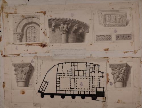 Planta, capiteles, arco, pila bautismal y fragmentos arquitectónicos de la real colegiata basílica de San Isidoro de León