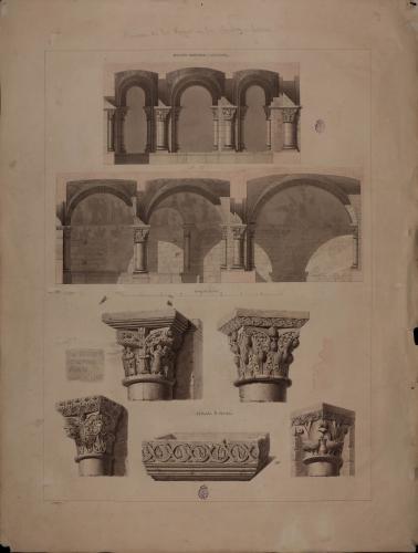 Sección transversal y longitudinal del panteón de los reyes, capiteles, inscripción y pila bautismal? de San Isidoro de León