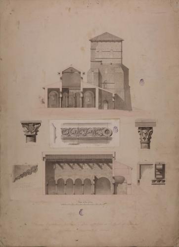 Sección longitudinal y transversal y detallas de capiteles, modillones y friso decorativo de la iglesia de San Miguel de la Escalada (Gradefes, León)