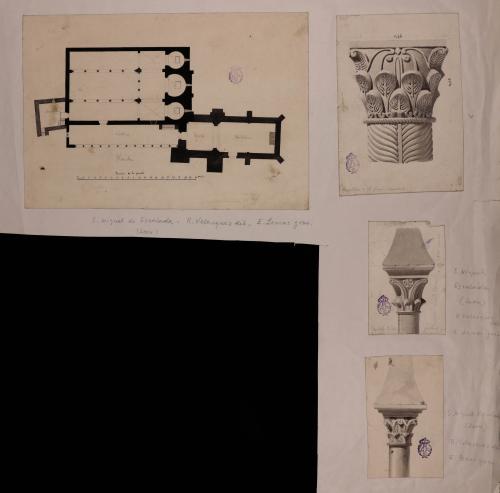 Planta y tres capiteles de iglesia de San Miguel de la Escalada (Gradefes, León)