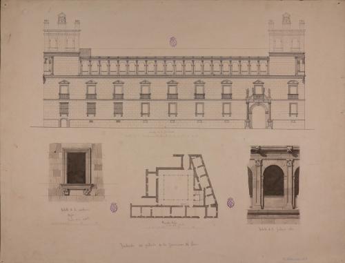 Planta, alzado de la fachada principal y detalle de dos ventanas del palacio de los Guzmanes de León