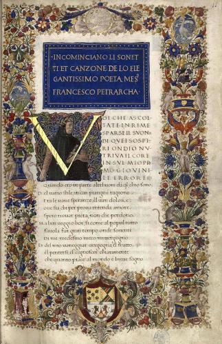 Letra V inicial sobre figura de Francesco Petrarca del manuscrito del Cancionero