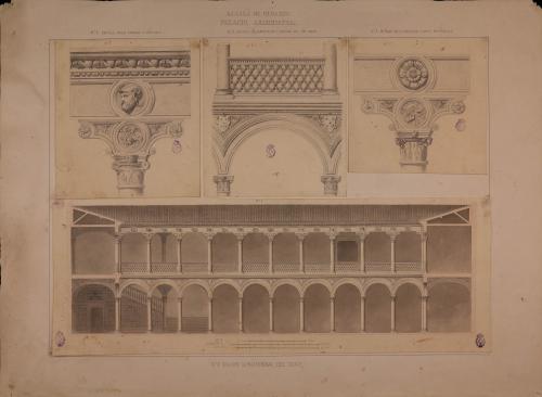 Sección longitudinal y detalles del antepecho, cornisas y ménsulas del palacio arzobispal de Alcalá de Henares (Madrid)