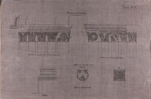 Capiteles, cornisas, basas y detalle del herraje de la portada  de la iglesia del monasterio de Irache (Navarra)