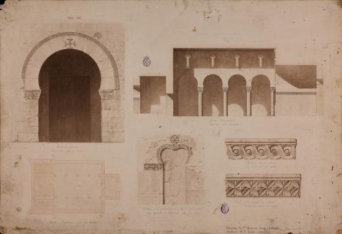 Planta, sección, alzado de la portada y detalle de una ventana y molduras decorativas de la iglesia de San Juan de Baños de Cerrato (Palencia)