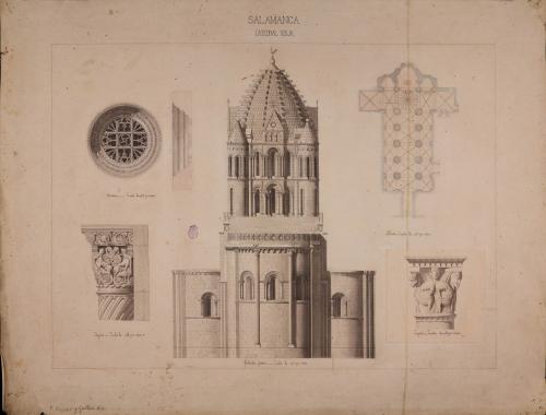 Planta, alzado de la fachada posterior y detalle de un rosetón y dos capiteles de la catedral Vieja o de Santa María de Salamanca