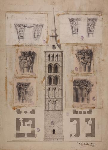 Alzado, plata y capiteles de la torre de la iglesia de San esteban (Segovia)