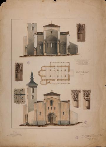 Planta, alzado, sección y detalles decorativos de la iglesia de San Millán (Segovia)