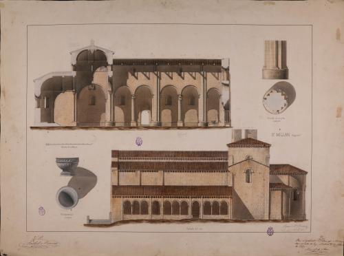 Alzado de la fachada sur y sección longitudinal y pila bautismal y detalle de un pilar de la iglesia de San Millán (Segovia)