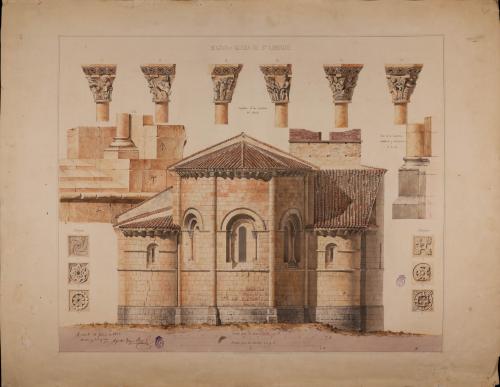 Alzado de los ábsides y detalles de capiteles y metopas de la iglesia de San Lorenzo (Segovia)