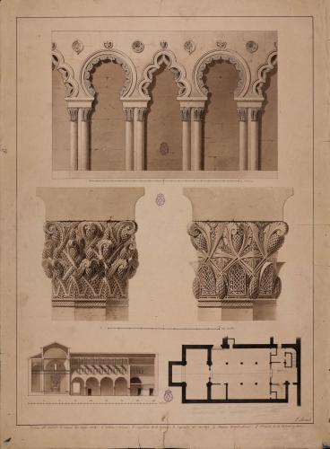 Planta, sección y detalles de los capiteles y arcos de la iglesia del convento de Corpus Christi (Segovia)