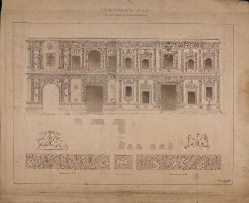 Alzado, planta y detalles decorativos de la fachada del Ayuntamiento de Sevilla