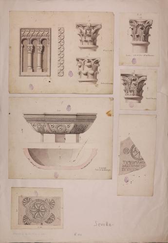 Capiteles romanos y visigodos, ventana, pila bautismal, fragmento de inscripción paleocristiana y placa decorativa geométrica de Sevilla