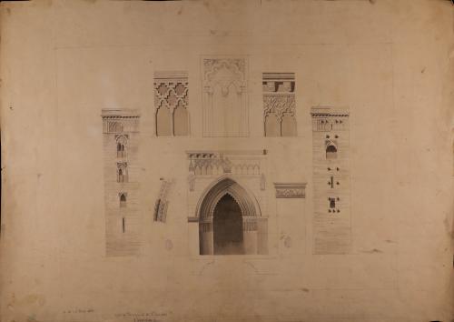 Alzado y planta de la puerta, alzado de la torre y detalles de ventana, ajimez y cornisa de la iglesia de San Marcos (Sevilla)