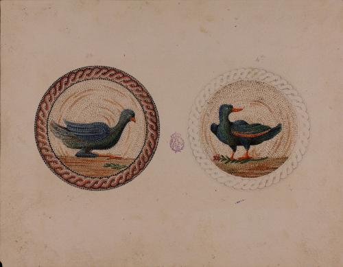 Detalle de dos aves del mosaico del peristilo de palacio, también llamado de Galatea (Itálica)