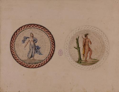 Detalle de Venus y Apolo del mosaico del peristilo de palacio, también llamado de Galatea (Itálica)