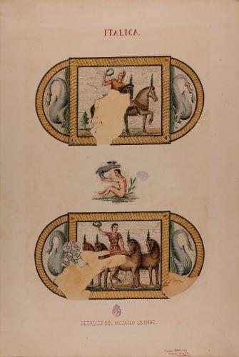 Detalles de dos aurigas y un figura masculina con un conejo del llamado mosaico grande de Itálica