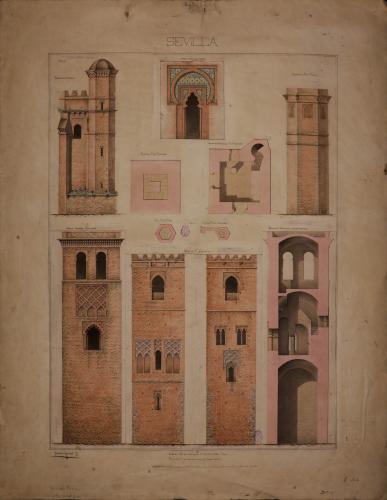Alzado, planta, sección y detalles de las torres de San Esteban, Santa Catalina, Omnium Sanctorum y Santo Tomás de Sevillla