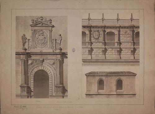 Detalles de la puerta, cuerpo superior y torres de la fachada norte del Alcázar de Toledo