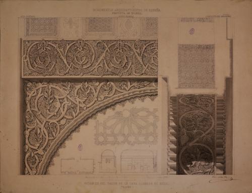 Planta, sección y detalles de la yesería, techumbre y zócalos del salón de la Casa de Mesa de Toledo