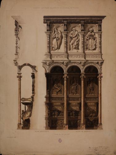 Alzado y sección de la sillería alta del coro de la catedral de Toledo