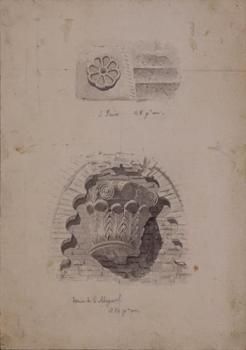 Fragmento arquitectónico de la iglesia de San Ginés y capitel de la torre de San Miguel de Toledo