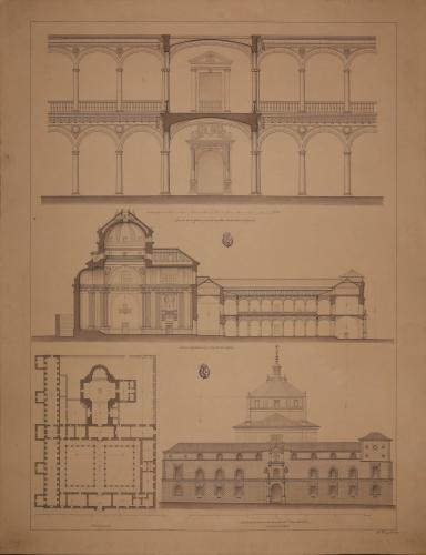 Planta, alzado de la fachada principal, sección longitudinal y detalle de la puerta de la iglesia y arcos de los patios del Hospital de San Juan Bautista de Toledo