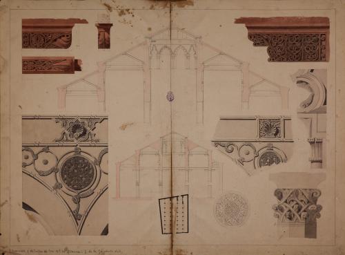 Planta, secciones y detalles decorativos de la antiguo sinagoga de Santa María la Blanca de Toledo
