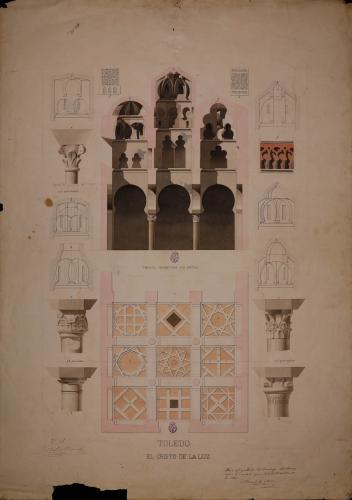 Sección y detalles de los capiteles y secciones, planta y proyecciones de la bóvedas de la antigua mezquita del Cristo de la Luz  de Toledo