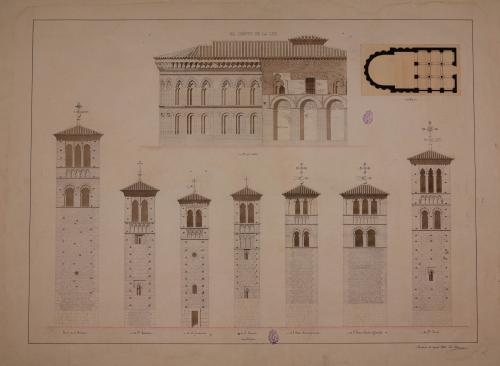 Plana, alzado exterior de la mezquita del Cristo de la Luz y alzado de siete torres mudejáres de iglesias de Toledo