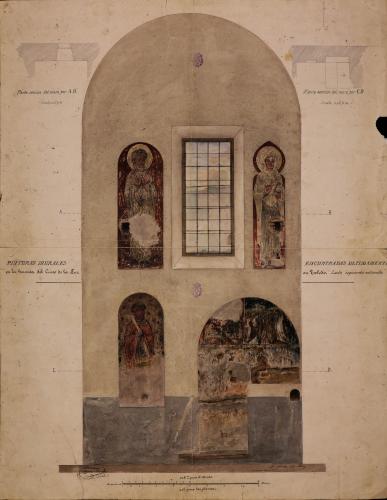 Pinturas murales románicas con indicación de la planta y sección del muro de la ermita del Cristo de la Luz de Toledo