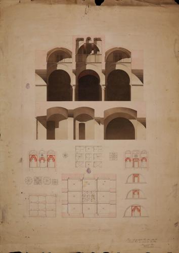 Plantas, sección y detalle de la planta, arcos y proyección de las bóvedas de la mezquita de las Tornerías de Toledo