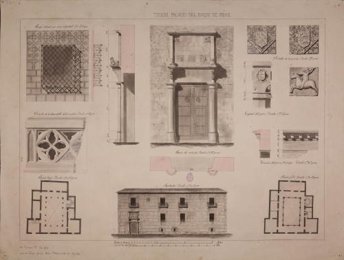 Planta, alzado, sección y alzado de la puerta y detalles del palacio los Ayala en Toledo