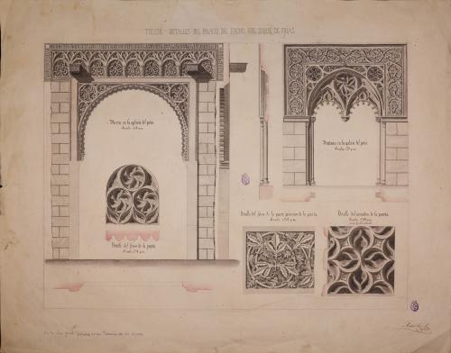Planta y alzado de una puerta, una ventana y detalles de arrabás e intrados del palacio de los Ayalas (Toledo)