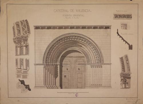 Alzado de la puerta oriental y plata y sección de sus arquivoltas de la catedral de Valencia