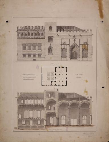 Planta, alzado y sección de la fachada principal de la lonja de Valencia