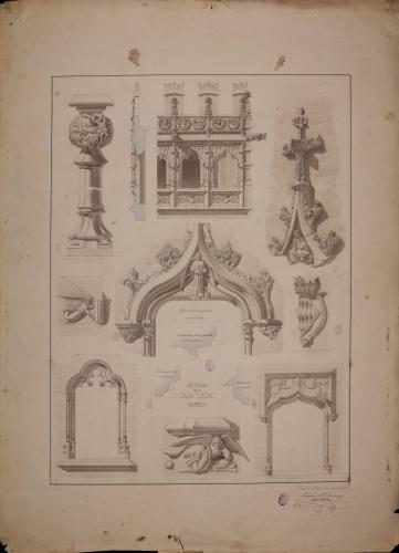 Alzado y sección de detalles de las fachadas y de la puerta de la escalera de la lonja de Valencia