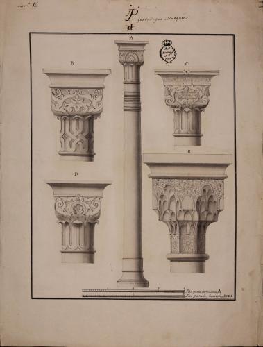 Columna del patio de los Leones y capiteles de la Alhambra