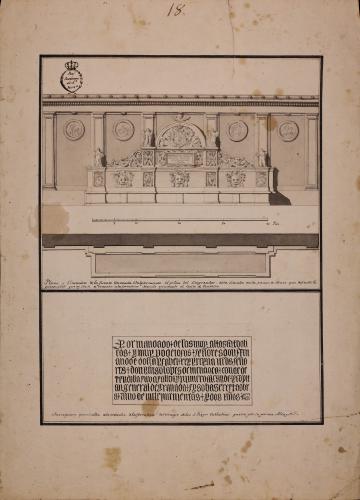 Planta y alzado de la fuente del pilar del Emperador en el palacio de la Alhambra e inscripción conmemorativa de los Reyes Católicos de la toma de la ciudad