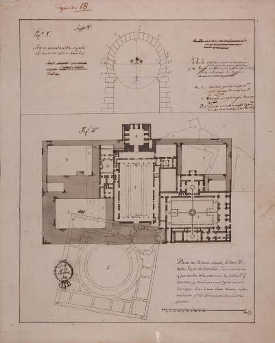 Alzado de un arco árabe y planta del palacio árabe y de Carlos V de la Alhambra