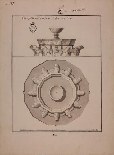 Planta y alzado de las fuente del patio de los Leones en el palacio de la Alhambra