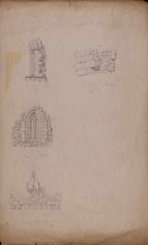 Detalles de arco de San Vicente de Ávila, muro de San Isidoro de Ávila y ventana y rosetón del monasterio de Santa María de la Sierra de Collado Hermoso (Segovia)