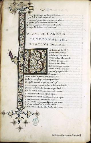 Letra B capital tomada de un manuscrito de las obras de Ovidio del siglo XV