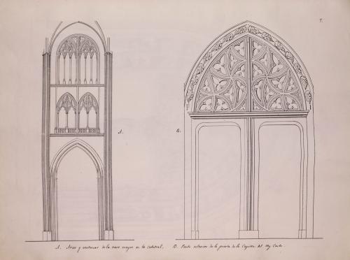 Arcos y ventanas de la nave central y puerta de la capilla del rey Casto de la catedral de Asturias