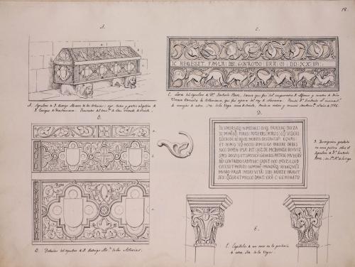 Sepulcro de Rodrigo ÁLvarez de las Asturias, lauda sepulcral  e inscripción funeraria de Doña Gontrodo Pérez y dos capiteles románicos