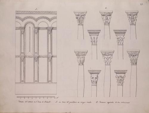 Detalles del alzado del presbiterio y capiteles de las iglesia de San Juan de Amandi (Villaviciosa)