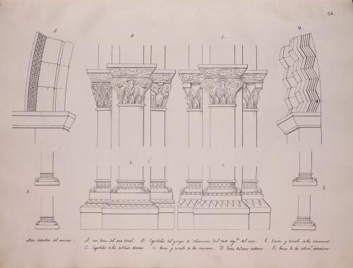 Detalles de los arcos, capiteles y basas del presbiterio de San Juan de Amandi (Villaviciosa)