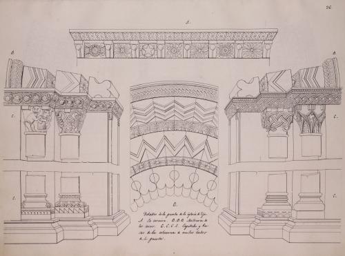 Detalles de la cornisa, arcos, capiteles y basas de la portada de la iglesia de Ujo (Lena)