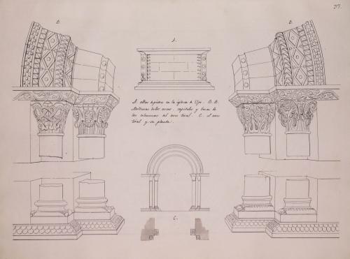 Altar y alzado y sección del arco toral y detalles de los arcos, capiteles y basas de la iglesia de Ujo (Lena)